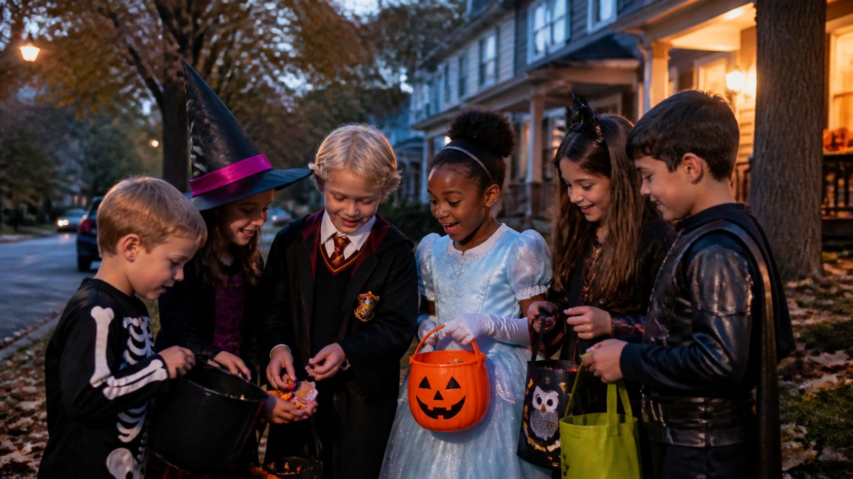 Kids sharing Halloween candy