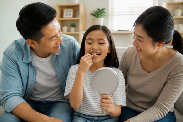Young girl pulling loose tooth with supportive parents
